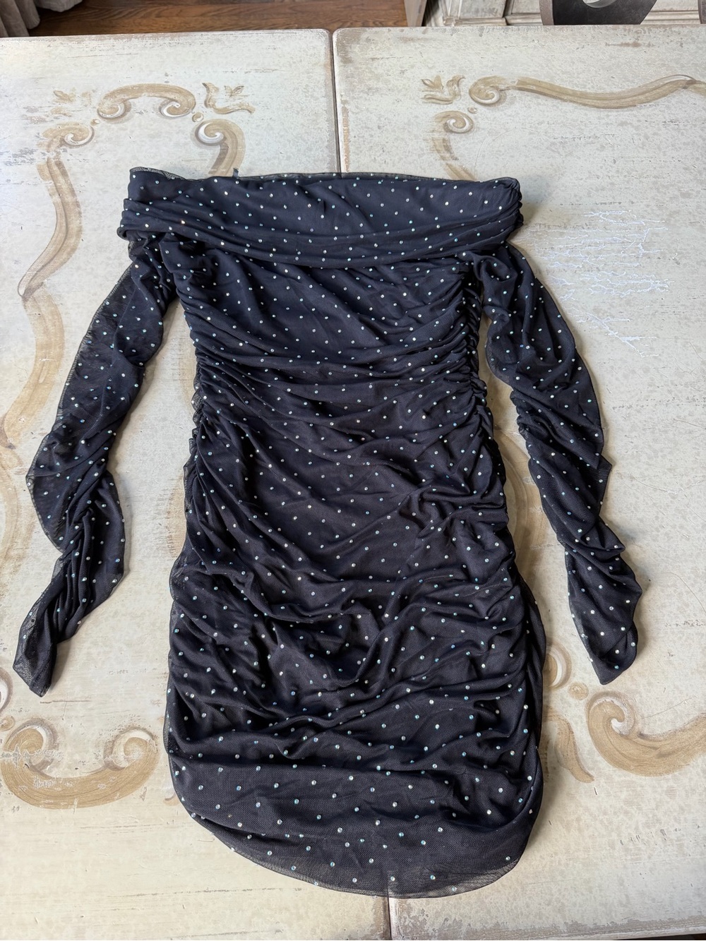 Windsor Black Off-Shoulder Polka Dot Ruched Long Sleeve Dress